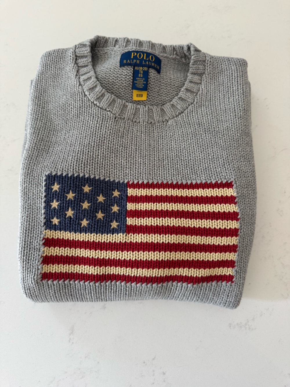 Polo by Ralph Lauren Light Gray Crewneck Sweater with American Flag Knit